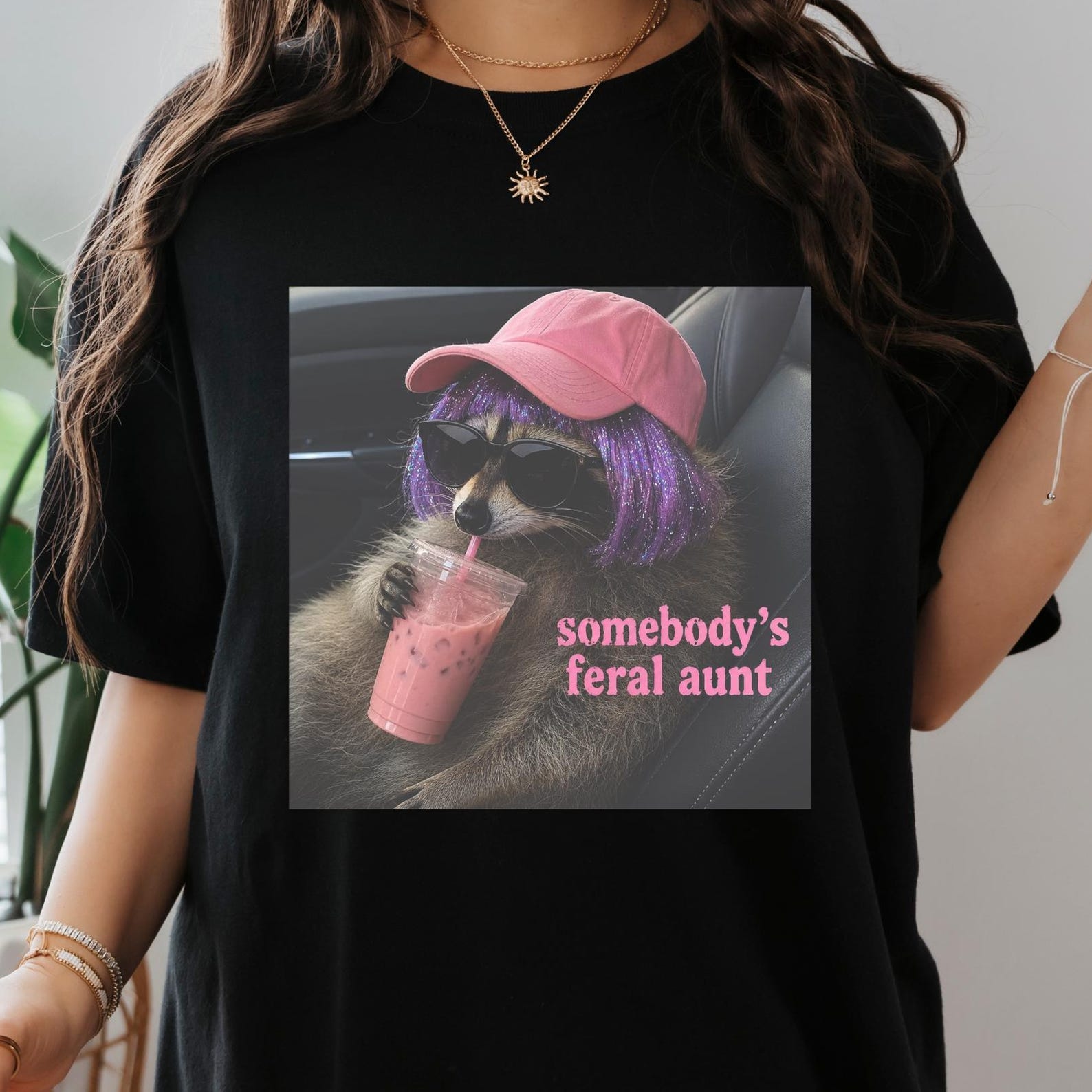 Somebody s Feral Aunt Raccoon Shirt, Funny Trash Panda Tee, Pink Iced Coffee Raccoon T-Shirt, Funny Aunt Gift, Cute Raccoon Graphic Tee. L