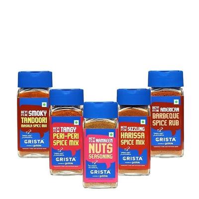 Crista Przyprawa do grilla x 1, 50 g | Mieszanka Tandoori Masala x 1, 45 g | Mieszanka Harissa x 1, 45 g | Przyprawa orzechowa x 1, 50 g | Peri-Peri x 1, 45 g