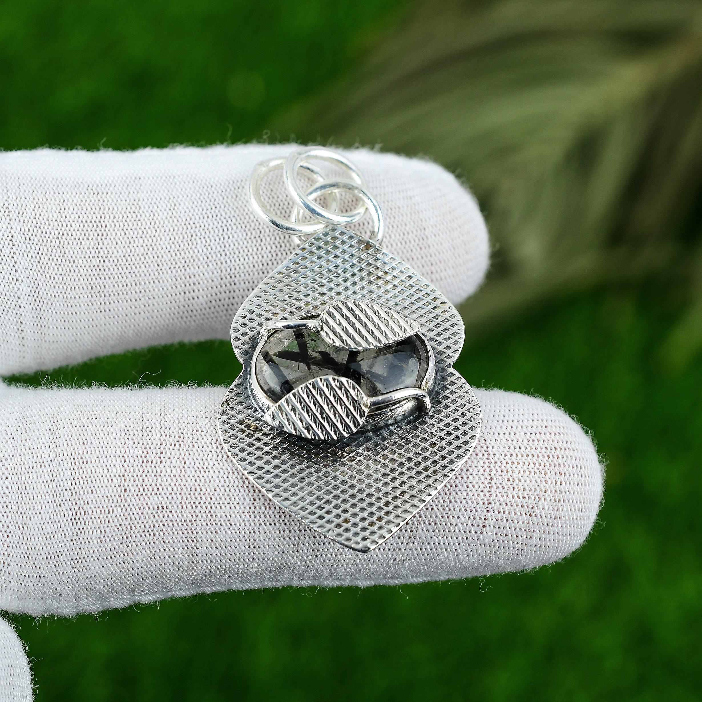 Womens day Deal 925 Silver Oval Black Rutile Stone Bezel Sister Pendant Jewelry