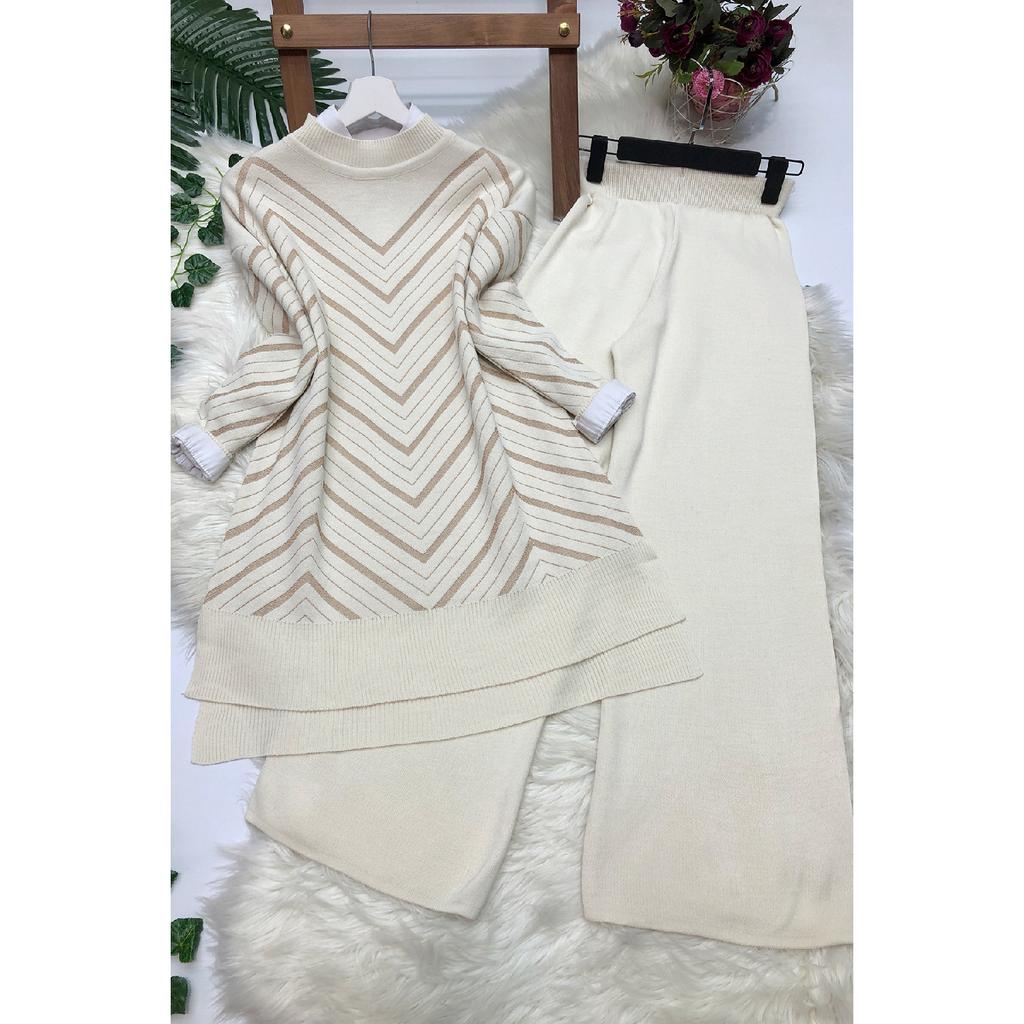 Glitter Knitwear Tunic Trousers Set - Stone