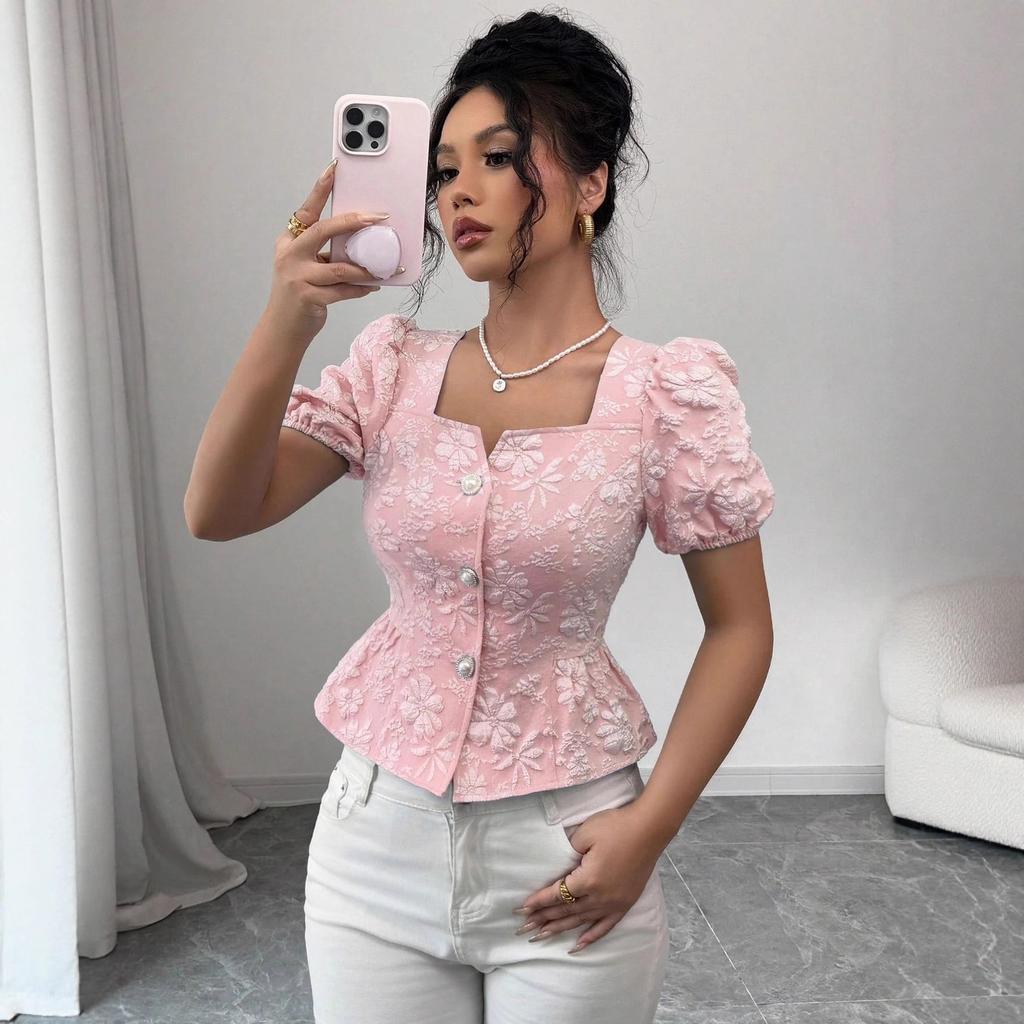 Blusa da Donna Scollo Quadrato Ricamo Floreale Maniche a Palloncino Peplo Top Elegante con Bottoni