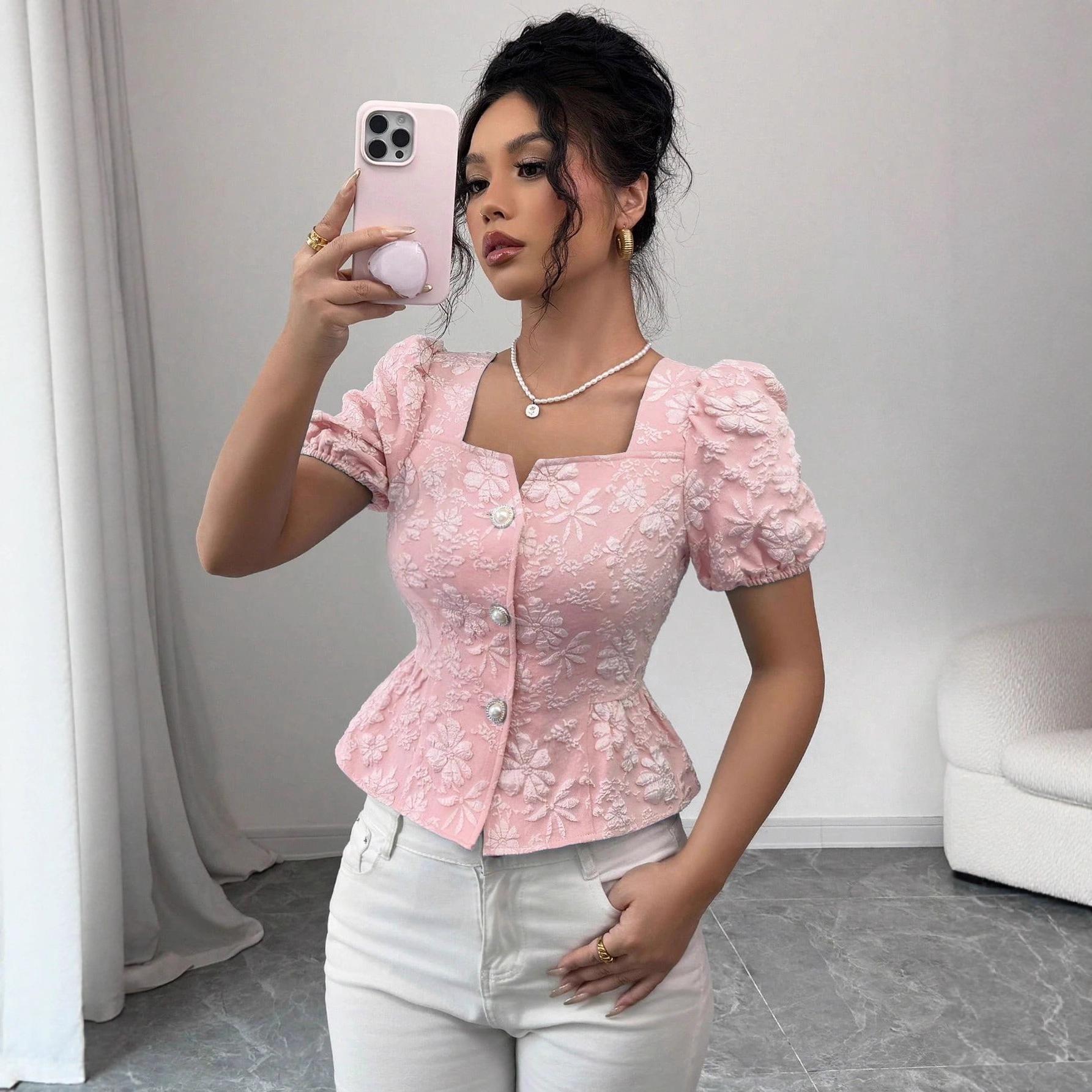 Women s Square Neck Floral Embroidery Puff Sleeve Peplum Blouse Elegant Button Front Top S розовый