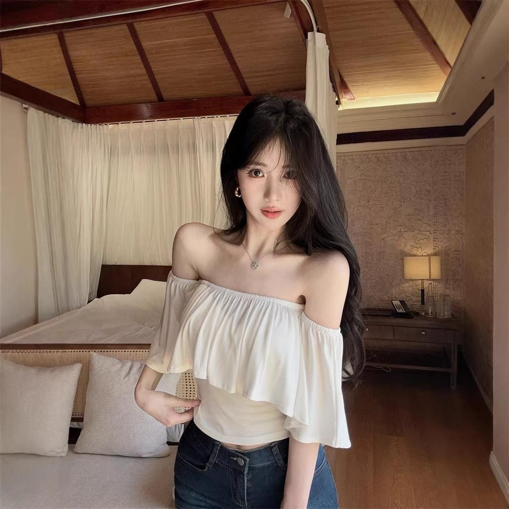One-word Shoulder Ruffle Edge Super Fairy Short-sleeved T-shirt Women's Summer Pure Desire Hot Girl Sexy Off-the-shoulder Top Is Huge and Beautiful