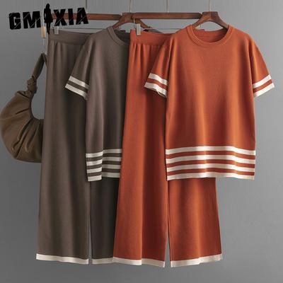 Contrasting Striped Slit Short-sleeved Knitted Sweater + High-waisted Slimming Wide-leg Pants Long Pants Fashionable and Casual Two-piece Set