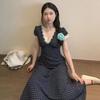 French Retro Lace Polka Dot V-neck Dress Women's New Temperament Slim and Thin Waist A-word Long Skirt Summer