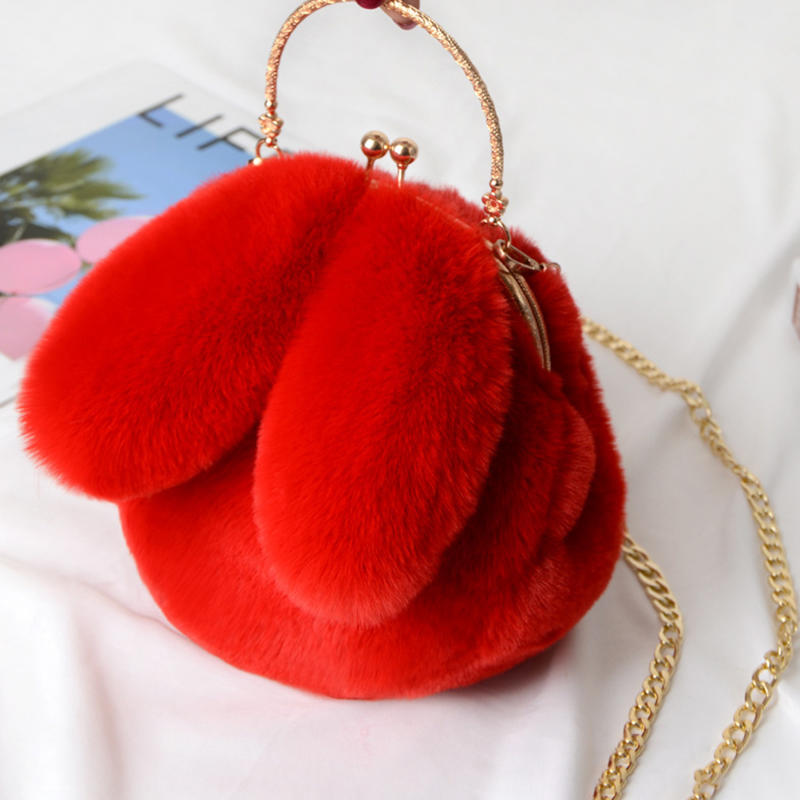 Rabbit Shaped Fluffy Shoulder Bag Fashion Chain Crossbody Bag Plush Handbag Cute Zipper Purse For Valentine's Day