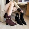 Korean version pointed thick heel belt decorative elastic thin boots large size autumn new black high heel suede short boots