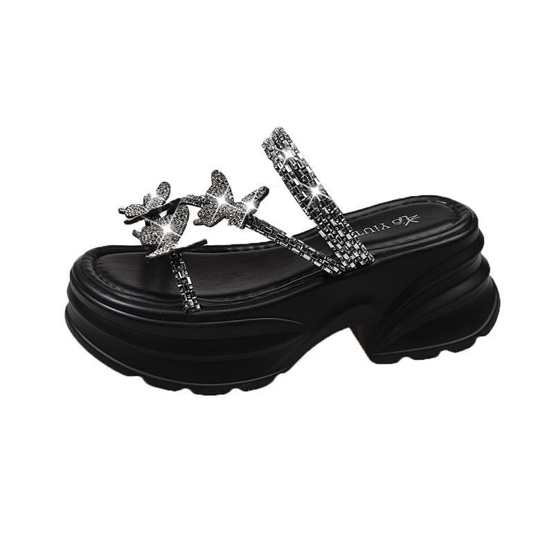 Fashion NEW Casual 7CM Wedge Slippers Women Summer Crystal Butterfly Platform Sandals Woman Open Toe Comfortable Female Chunky Shoes