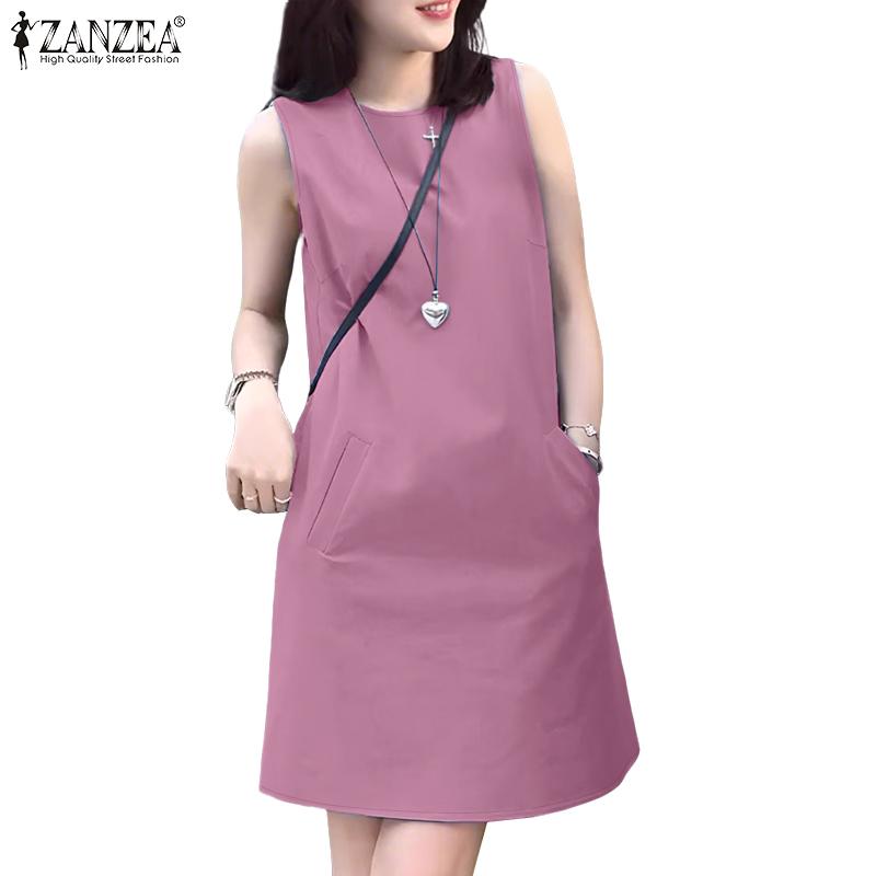 ZANZEA Γυναικείο Καθημερινό Καλοκαιρινό Αμάνικο Φόρεμα με Στρογγυλή Λαιμόκοψη