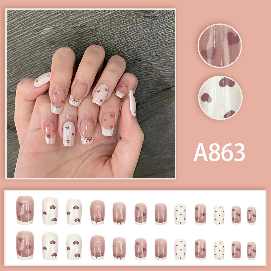 French Heart Bow Sweet Girl Whitening Detachable Nails - 24 Pieces