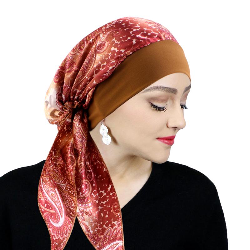 Women Satin Printed Turban Hat Stretch Wide-brimmed Nightcap Fashion Pre-tie Turban Wrap Head Cap Casual Durag Pirate Hat