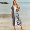 Black & White Printed Long Polyester Robe - Casual Vacation Beach Bikini Cover-Up