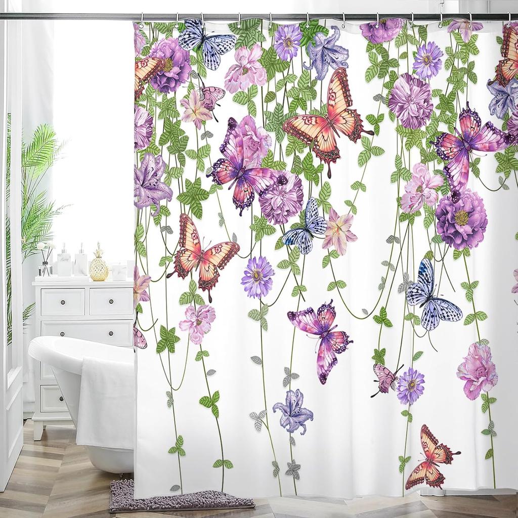 Cottage Floral Shower Curtain - Pink/Lavender Butterfly Design, Waterproof Washable Fabric, with Hooks, Modern Farmhouse Decor