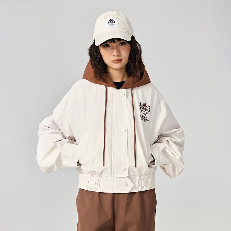 Kappa 1916 Series Outdoor Sports Loose Short Windbreaker Removable Hooded Jacket Women Jackets White K0E82FJ03