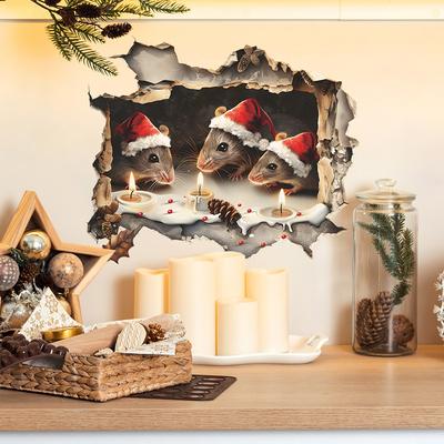 Hole Mouse Santa Hat Blow Out Candles Bedroom Living Room Study Background Landscaping Wall Sticker