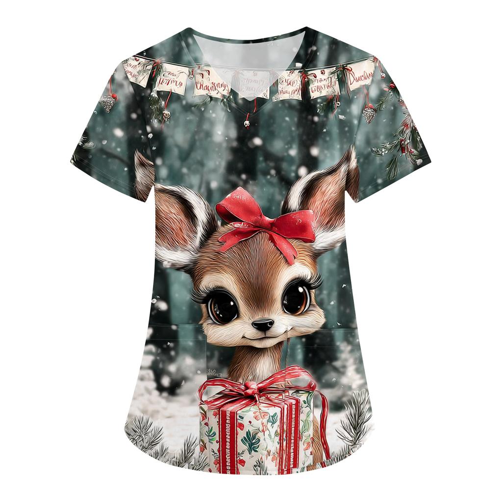 Dámský vánoční potisk volný výstřih do V kapsa krátký rukáv uniforma