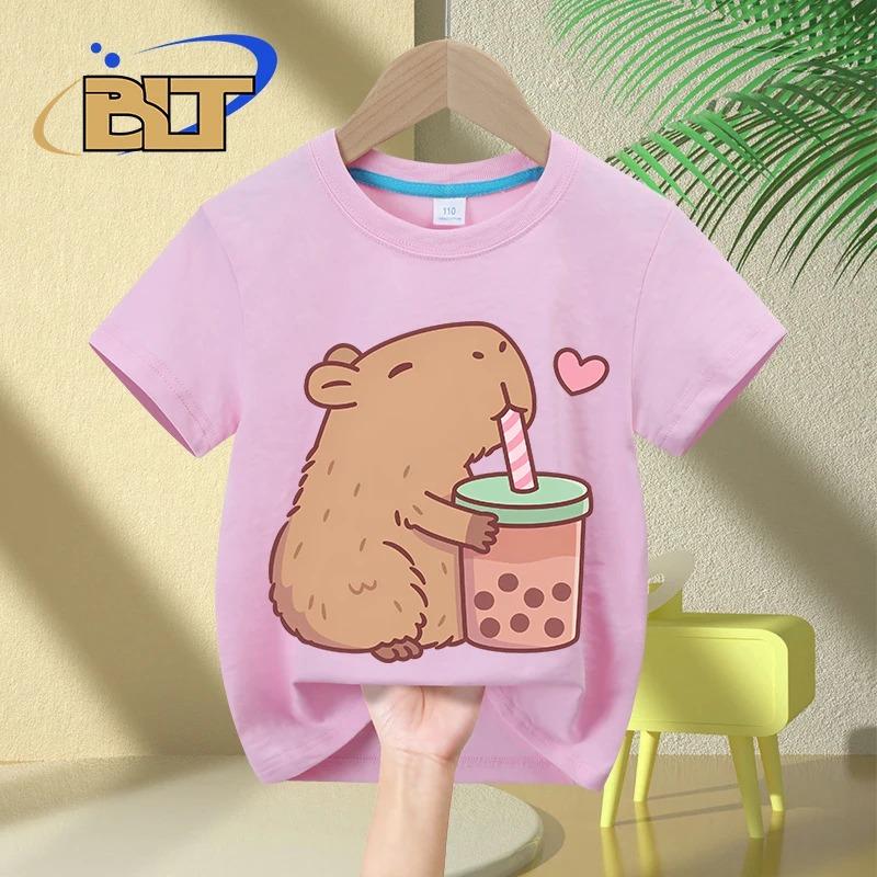 Cute Capybara Loves Bubble Tea print kids T-Shirt summer children s short-sleeved casual tops boys and girls gifts 110