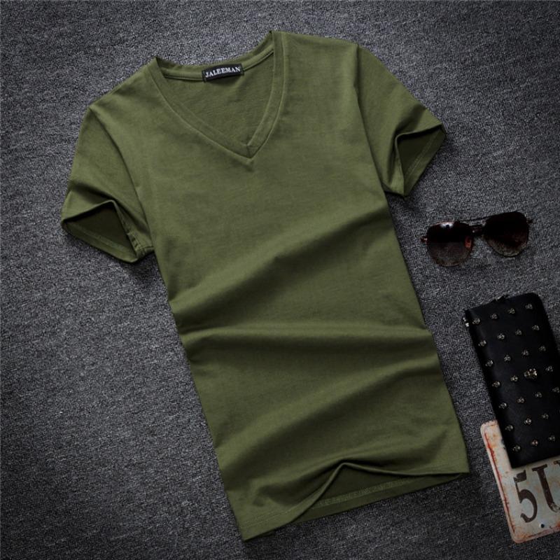 QICED Men's Tide Cotton Short Sleeve Summer Solid Colour V-Neck T-Shirt