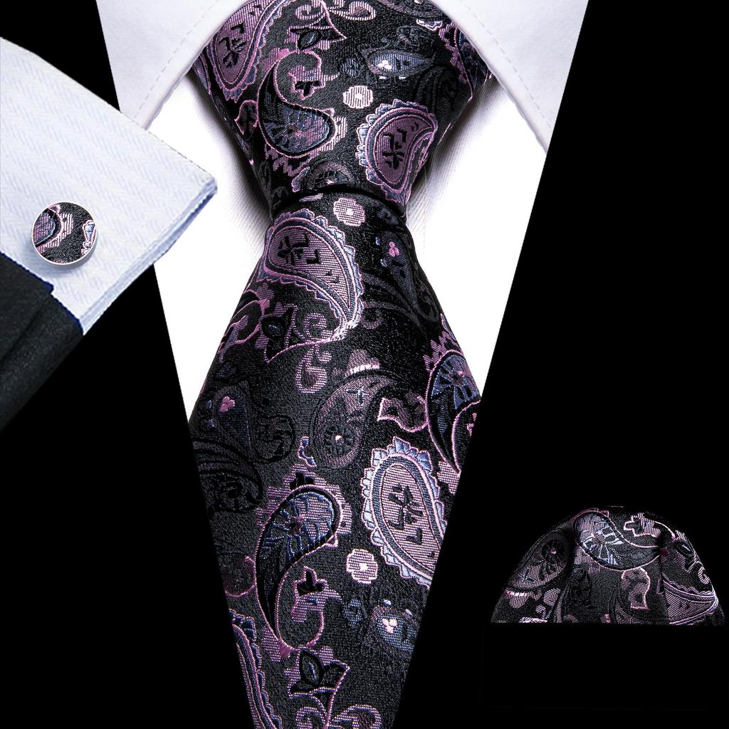 Barry.Wang Necktie Hankerchief Cufflinks Set Black Paisley Jacquard Woven Wedding