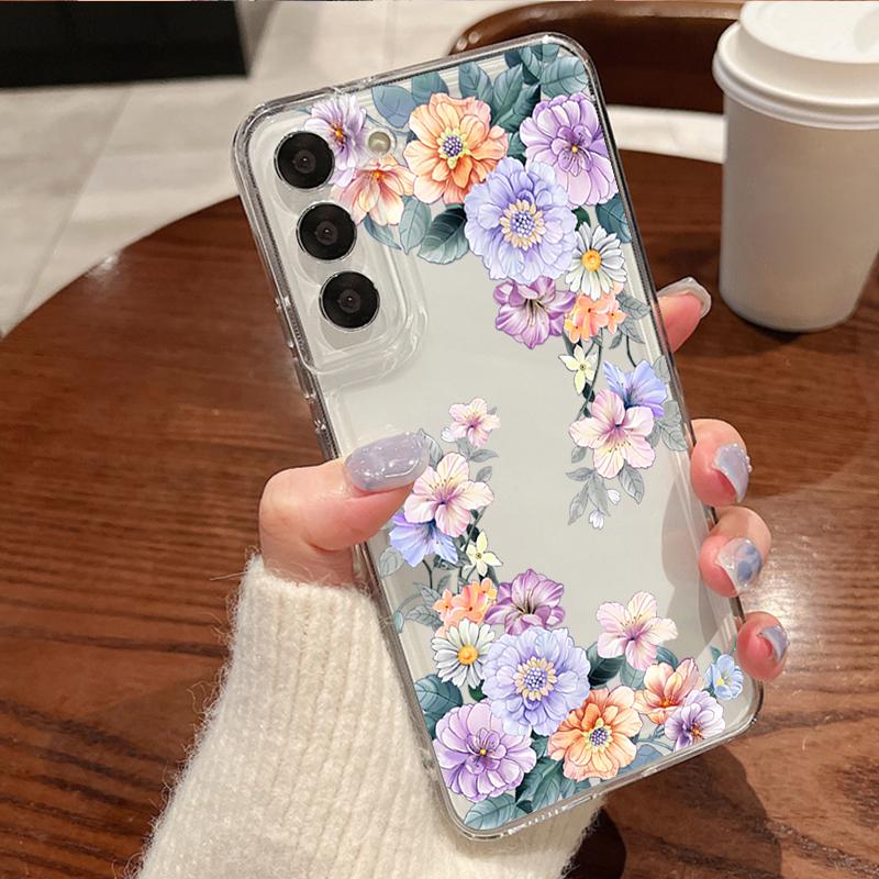 Luxury Flower Pattern Phone Case For Samsung Galaxy S26 S25 S24 S23 Ultra S22 Plus S24 S21 FE S25Edge Transparent TPU Soft Cover