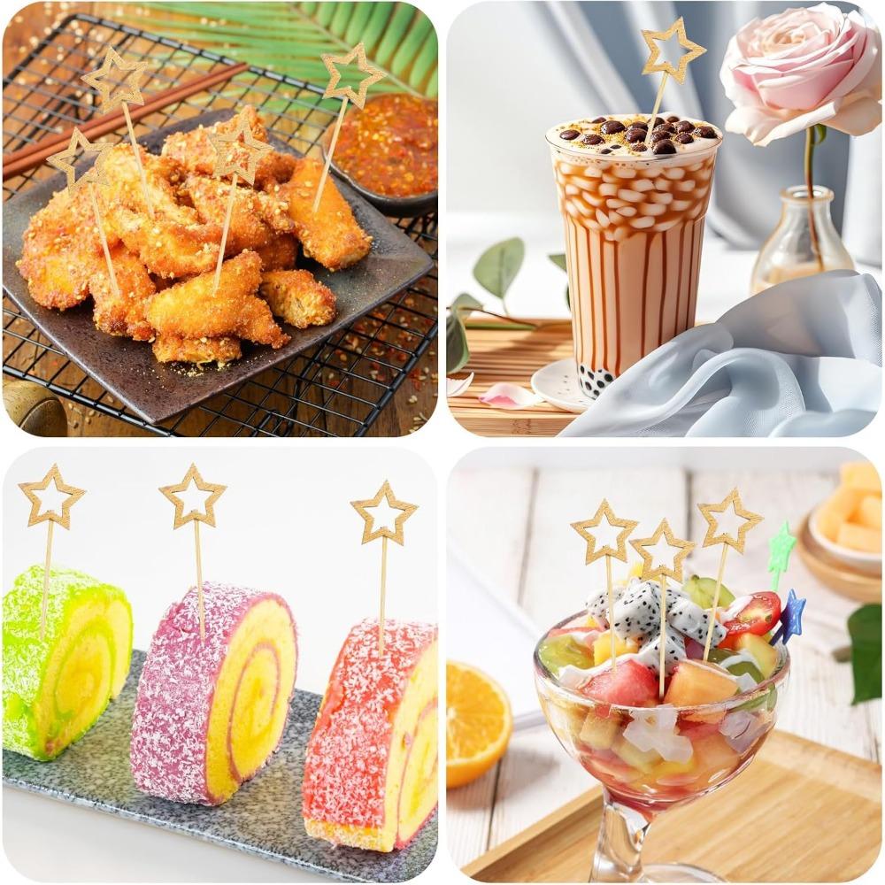 50pcs Golden Silver Hollow Star Bamboo Skewers Buffet Fruit Food Picks Cocktail Sticks Christmas Party Birthday Wedding Decor