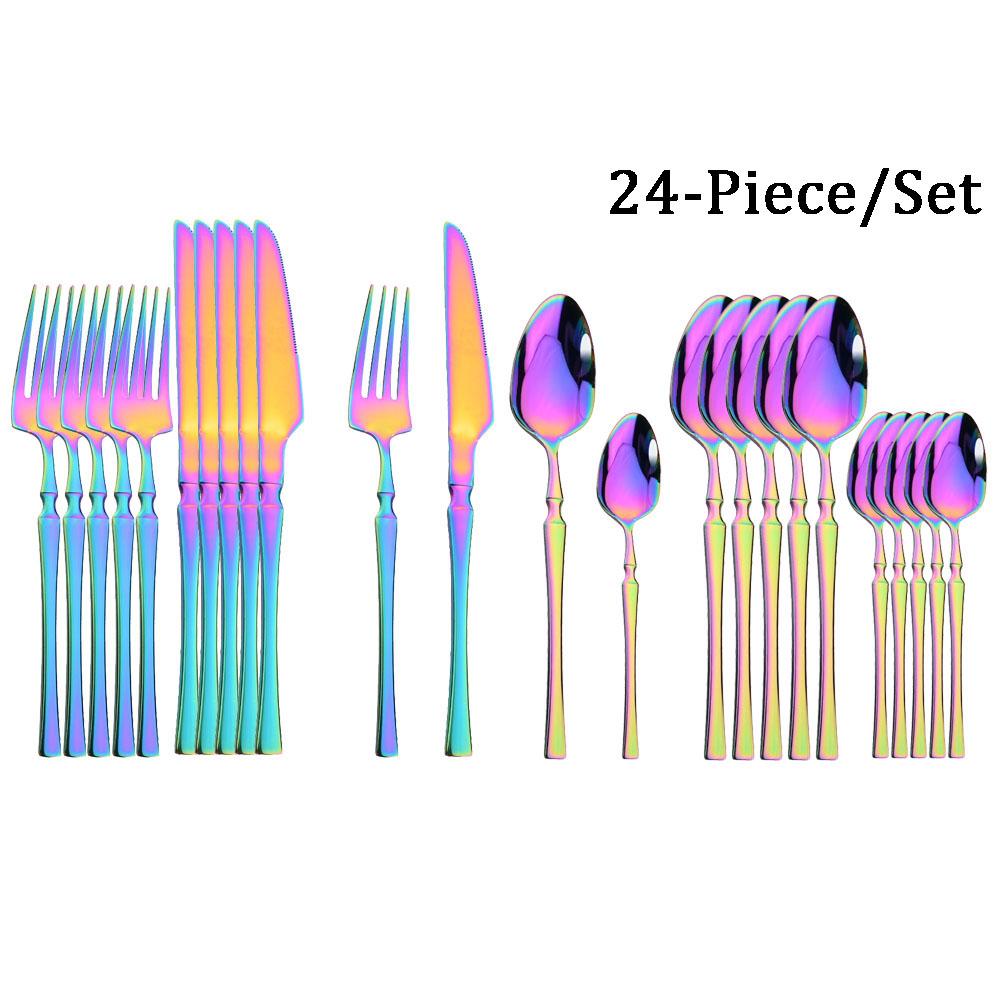 JANKNG 24Pcs White Gold Tableware Set Stainless Steel Dinnerware Spoon Fork Knife Cutlery Kitchen Food Flatware Silverware Set