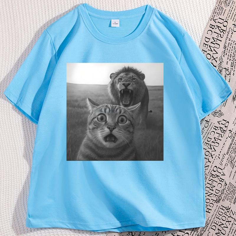 Cat With Lion Selfie T Shirt Funny Cotton Short Sleeve Cat Lovers Tshirt Unisex Unisex Oneck Cotton Unisex Clothing Y2k Tees