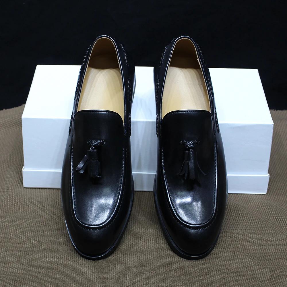 Fashion Classic Men's Genuine Cow Leather Tassel Loafers Slip-On Formal Dress Shoes Plain Toe Office Casual Loafers for Daily Wear