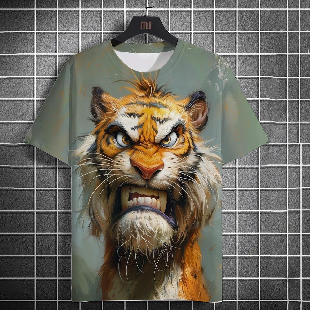 Fun Animal 3D Printing Men's Casual T-shirt New Fashion Short Sleeve Street Fashion Tiger Print Round Neck Top
