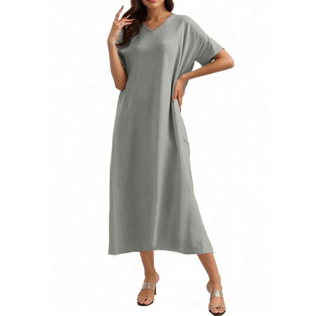 Fashion Women's Solid Color V-neck Long Dress Loose