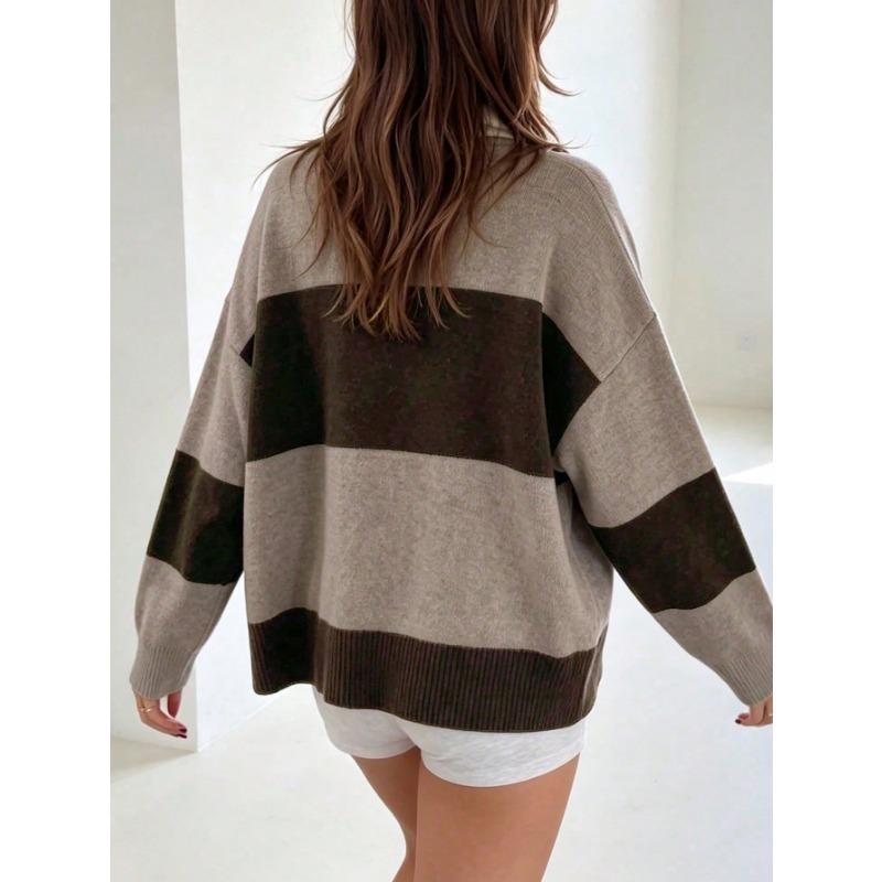 Vintage Color Block Striped Polo Neck Loose Fit Drop Shoulder Long Sleeve Knit Sweater For Women