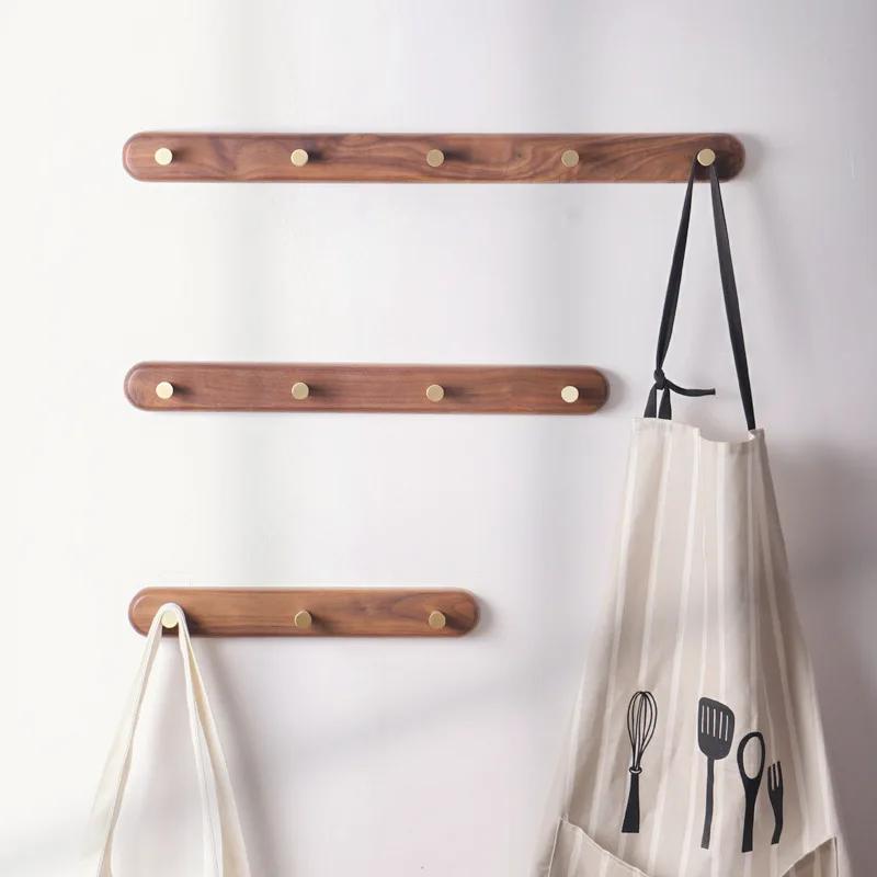 Black Walnut Wood Clothes Hook Wall Non-perforated Brass Hanger Bedroom Foyer Solid Wood Creative Rack