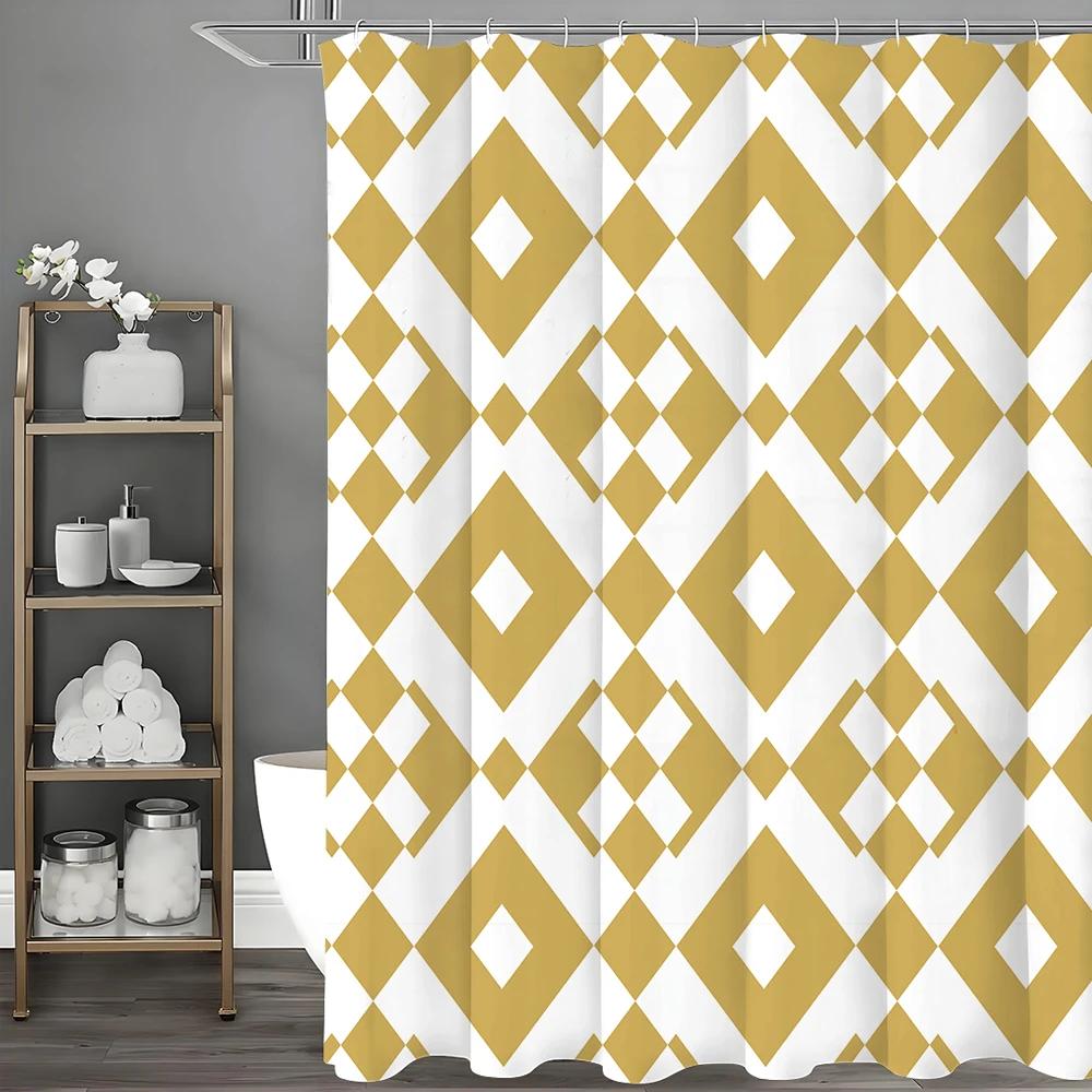 Creative Geometric Yellow Shower Curtain, Bathroom Decorative Shower Curtain, Waterproof Shower Curtain with Hooks