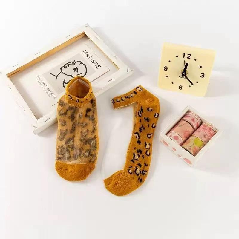 5 Pairs Of Womens Slass Filament Fiber Spring And Summer Thin Transparent Leopard Socks Polyester Sock Sole