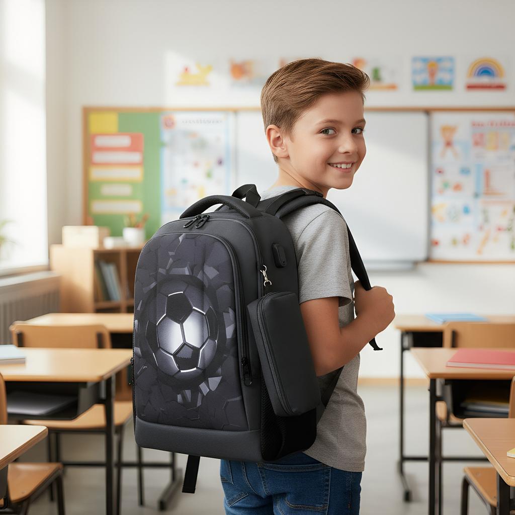 Grundschüler Rucksack Hartschale Fußball-Thema Gewichtsreduzierend Jungen Doppelschultertasche Große Kapazität Mit Kleiner Federtasche Set