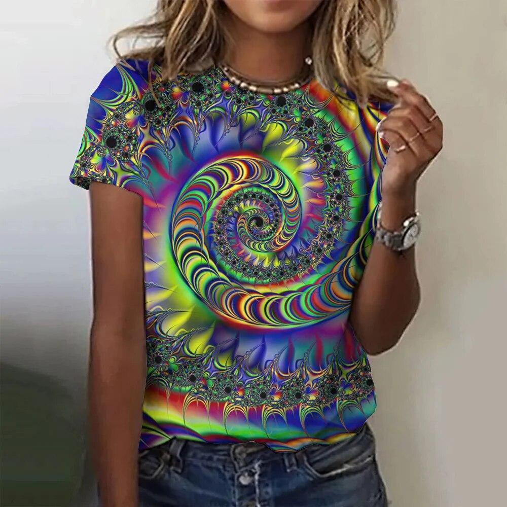 Women's Short Sleeved Top Pullover Fashionable Y2K Casual Vortex Street 3D Floral Print Round Neck T-shirt