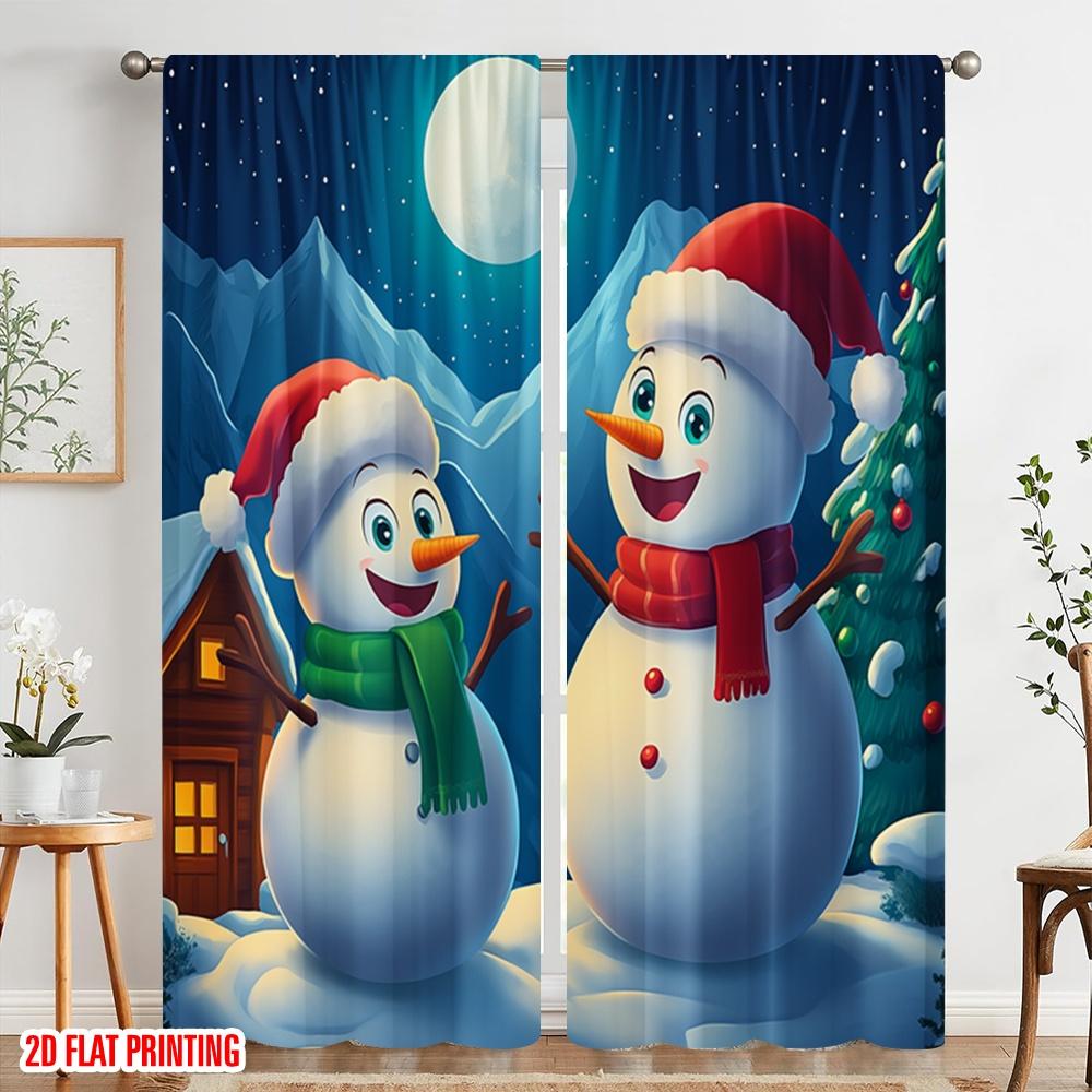 2pcs,2D Plane Printing Curtains Cute Snowmen Winter Christmas Durable Polyester (without Rod) Room Decor Use for Living Room,