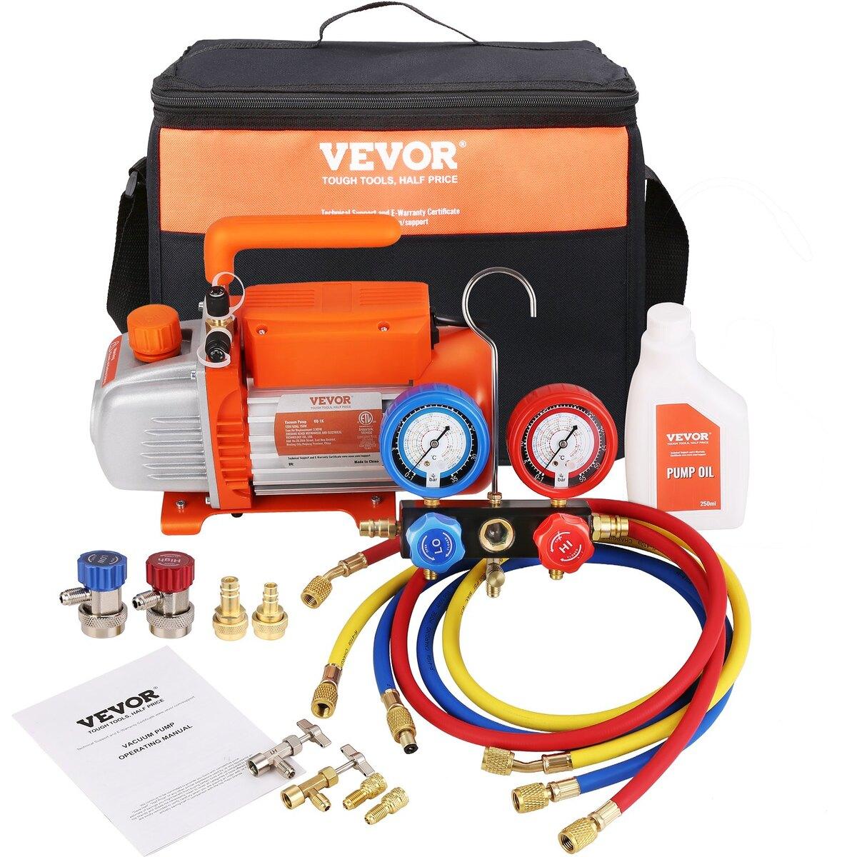 1/5 PK 3,5 CFM AC Vacuümpomp en Manometer Set, Enkelstaps Roterende Schijf HVAC Lucht Vacuümpomp A/C Koelmiddel Kit Manifold Manometer Set, met Driekleurige
