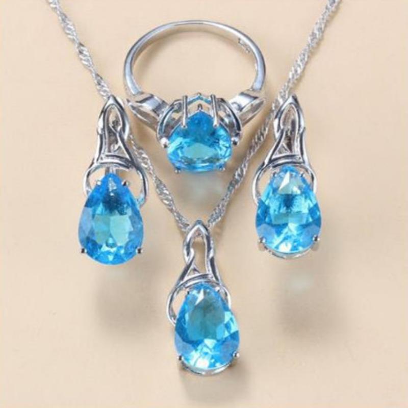 

Синий комплект из подвески, сережек, ожерелья и кольца для леди 9#