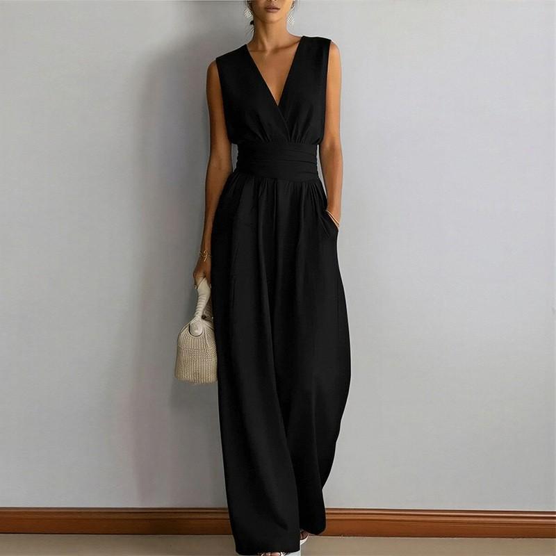 2026 Womens Sleeveless Solid Color High-Waist Wide-Leg Jumpsuit Elegant Casual Office Wear