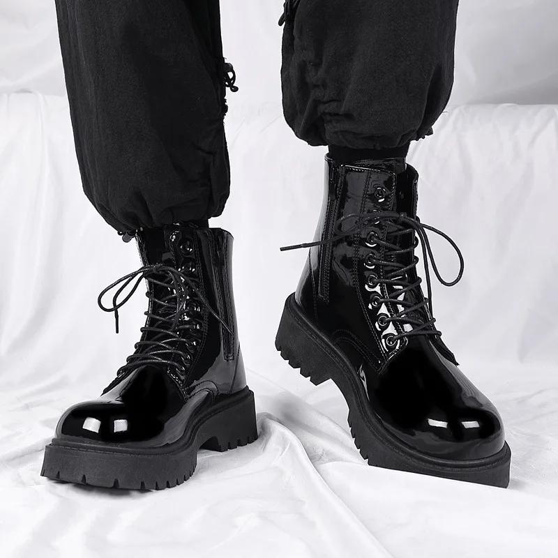 Men's High Top Boots High Quality Patent Leather Ankle Boots Waterproof  Leather Boots Fashion Motorcycle Boot Botas Para Hombre