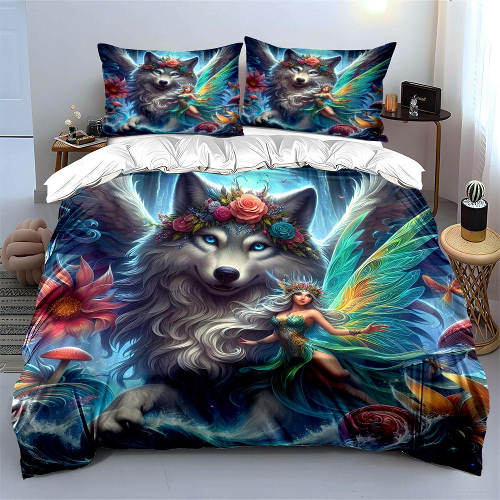 "Fantasy Fairy Animal Art Decor" Bedding Set with 1 Duvet Cover 2 Pillowcases Single Double King Queen, Gift
