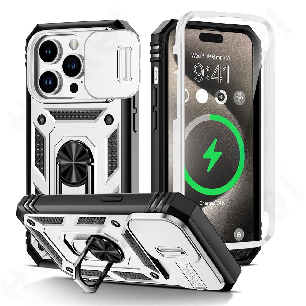 Custodia per iPhone 15 14 13 12 11 Pro XS Max XR 8 7 Plus fotocamera scorrevole grado militare protezione armatura rotazione di 360 gradi armatura copertura