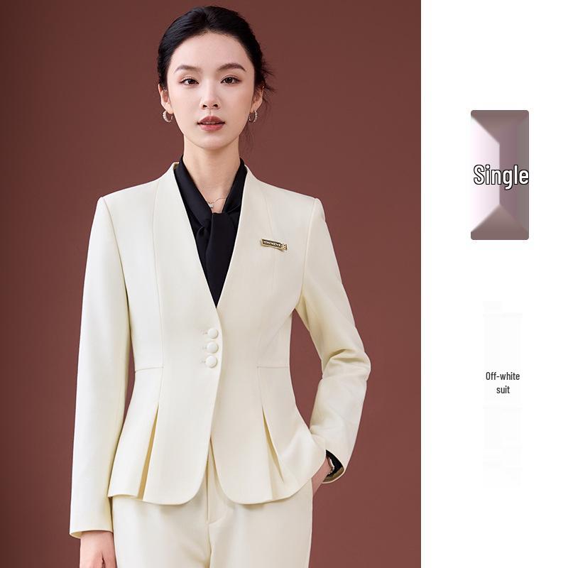 Elegant Collarless Women's Suit Set for Hotel Manager & Receptionist Spring/Autumn Workwear