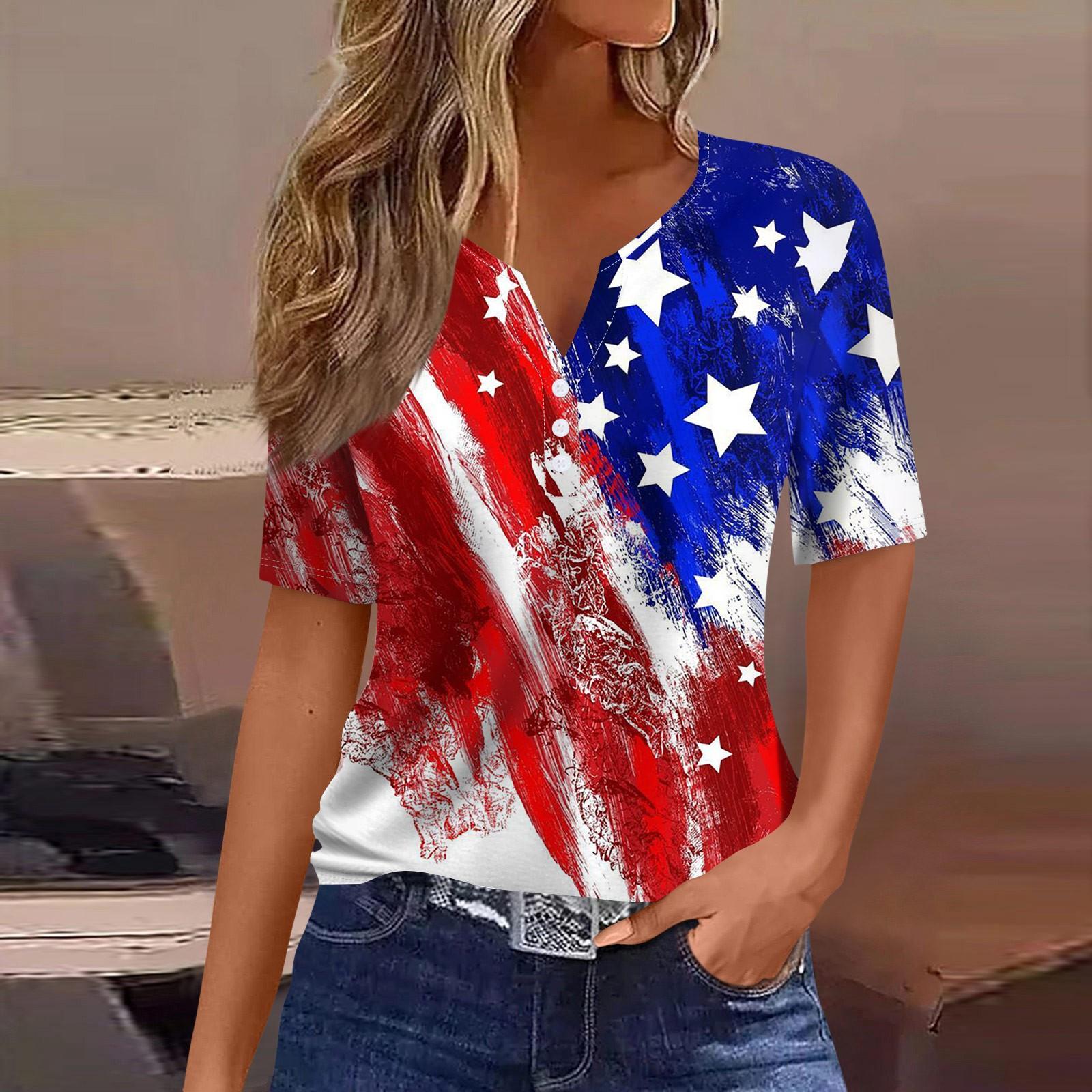 

Жен. Футболка Футболка День независимости С принтом Пуговицы С короткими рукавами Повседневные Выходные Мода Классический Классический V-образный вырез Обычный Топ XL красный