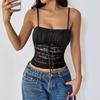 Women Sexy Square Neck Spaghetti Strap Lace Ruffle Hem Crop Tank Top Y2K Slim Fit Sleeveless Backless Bow Knot Crop Cami