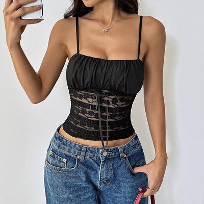Women Sexy Square Neck Spaghetti Strap Lace Ruffle Hem Crop Tank Top Y2K Slim Fit Sleeveless Backless Bow Knot Crop Cami