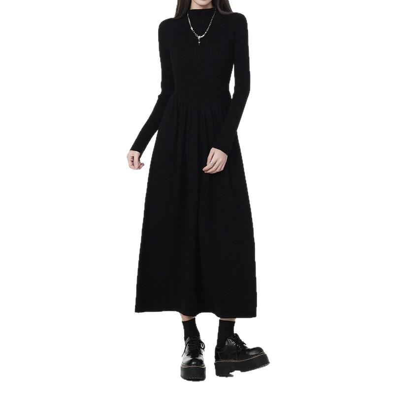 Women's Black High Neck Long Sleeve Bodycon Midi Dress - Petite Waist Slimming 2026 Spring Style