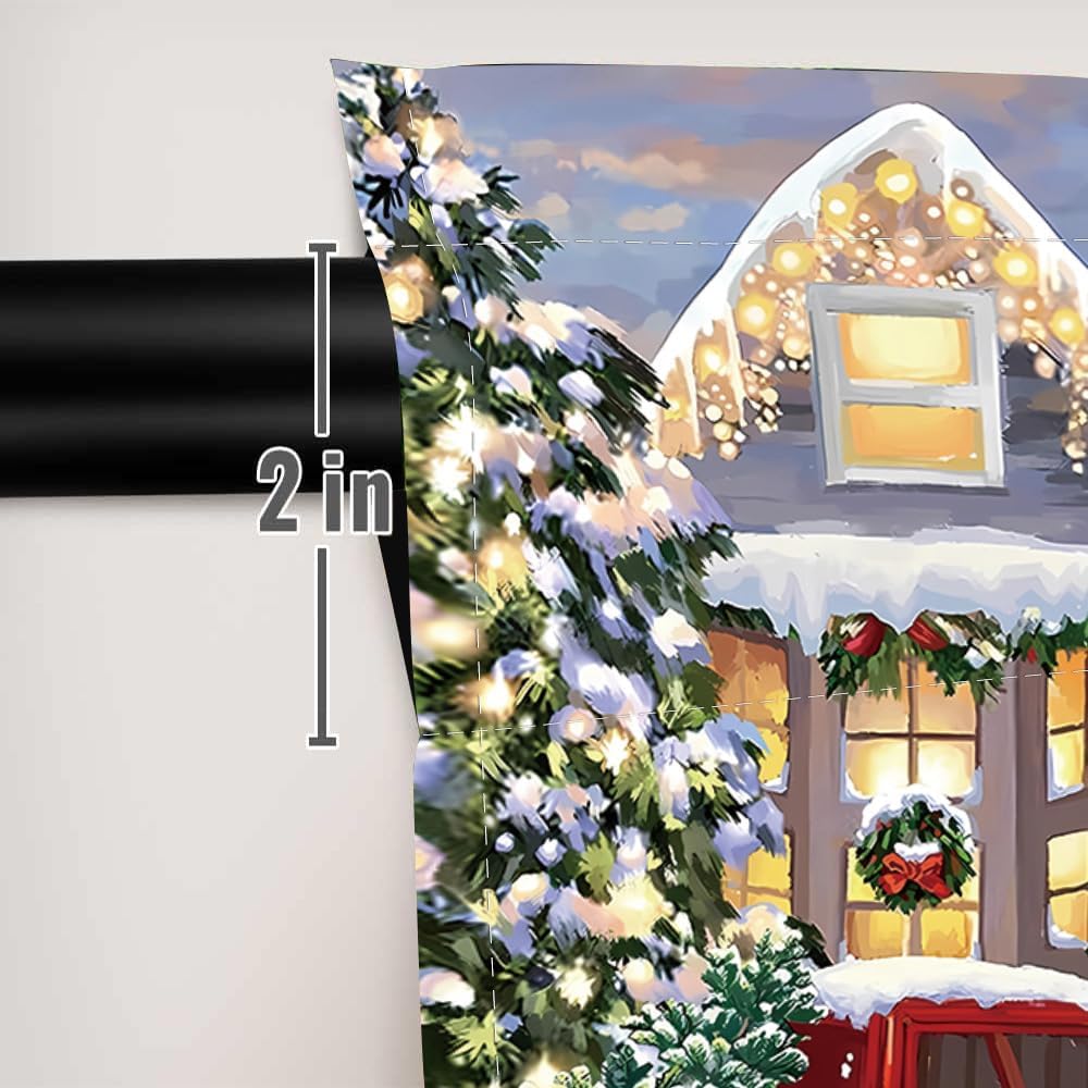 Christmas Curtain Red Truck House with Lights On Xmas Tree Colorful Light Pine Tree Bedroom Living Room Window Decoration Drapes
