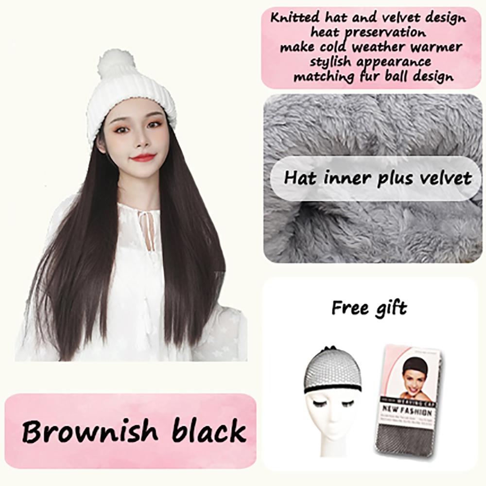 Women's Winter Wig Hat Knitted Hat Long Wave Straight Hair Synthetic Hat Wig